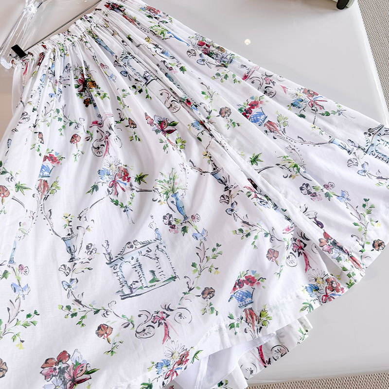 Ladies Summer New Elastic Waist Print Midi Skirt, Designer Vintage Luxury High Waist Bow Detail Silk Cotton A-Line Skirt, Party Street Chic Elegant We