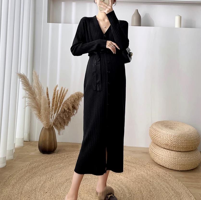 Clothes for Pregnant Women Beading Ruffle Pregnancy Autumn Winter Knitted Maternity Sweaters Chic Ins Elegant A Line Slim Dress 250911