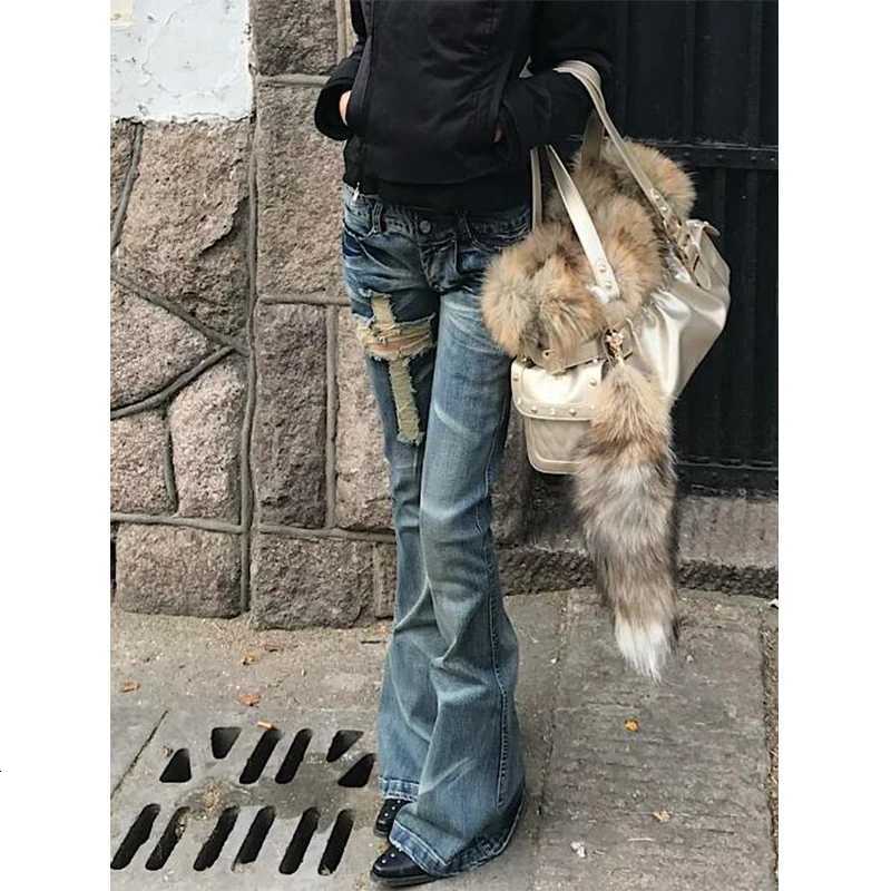 Women Vintage Blue Low Rise Ripped Flared Jeans American Retro Slim 90s 2000s Denim Pants Bell Bottom Y2k Harajuku TrousersT260618 - view 3