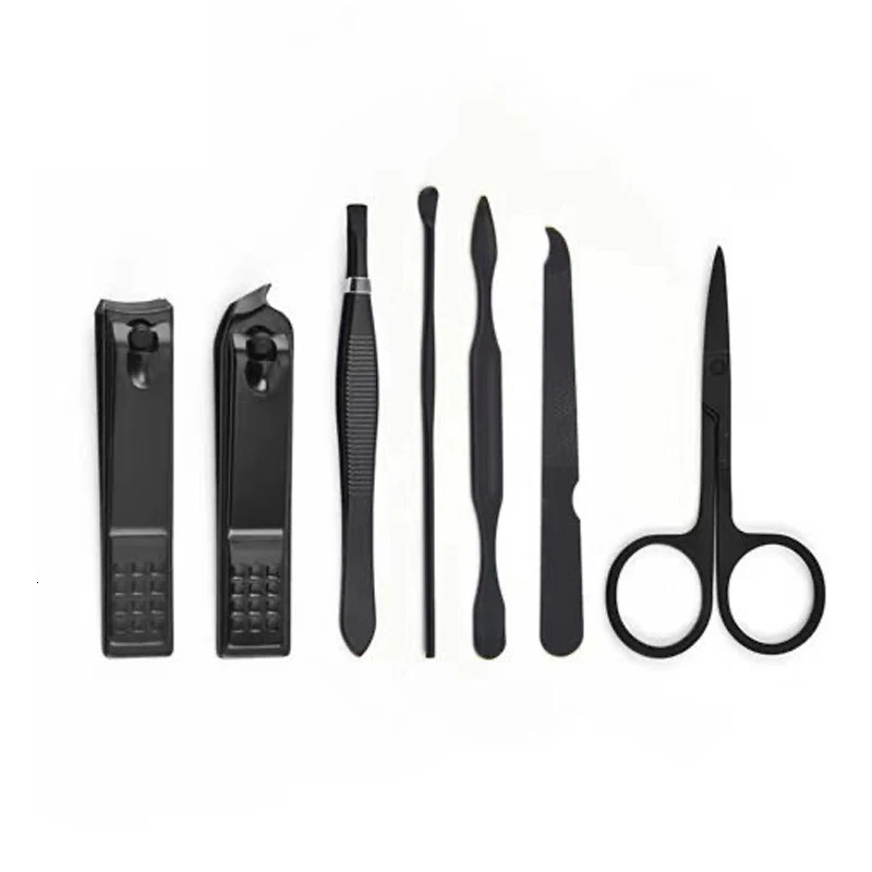7Pcs Black Coated Stainless Steel Manicure Pedicure Kit Professional Nail Clipper Cuticle Trimmer Ear Pick Eyebrow Scissor Travel Grooming 260615 - view 5