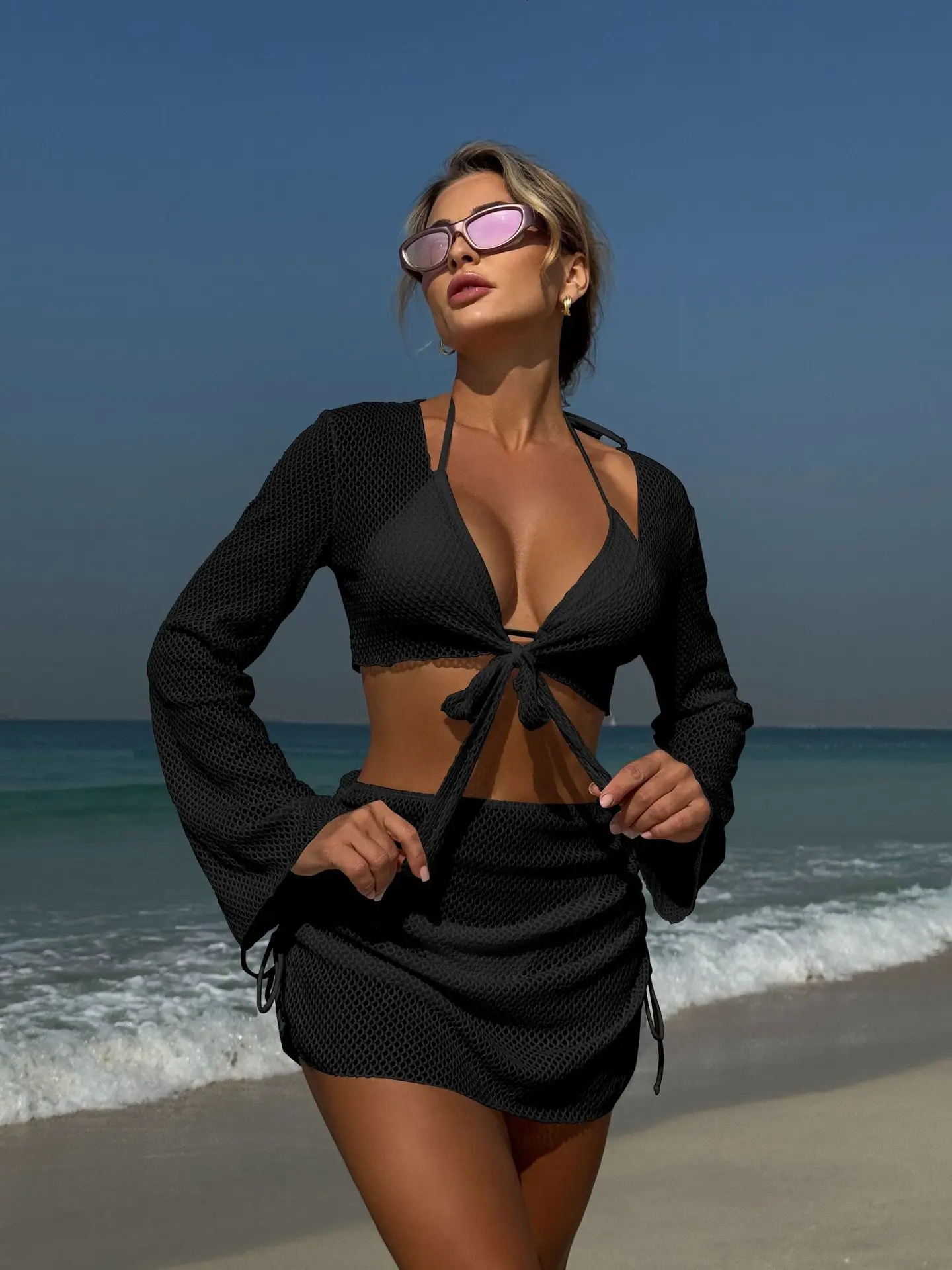 Summer Holiday 4 Piece Bikini Set 2026 Women Sexy White Long Sleeve Cover Up and Skirt Swimsuit Beach Bathing Suit Pool Swimwear 260615 - view 7