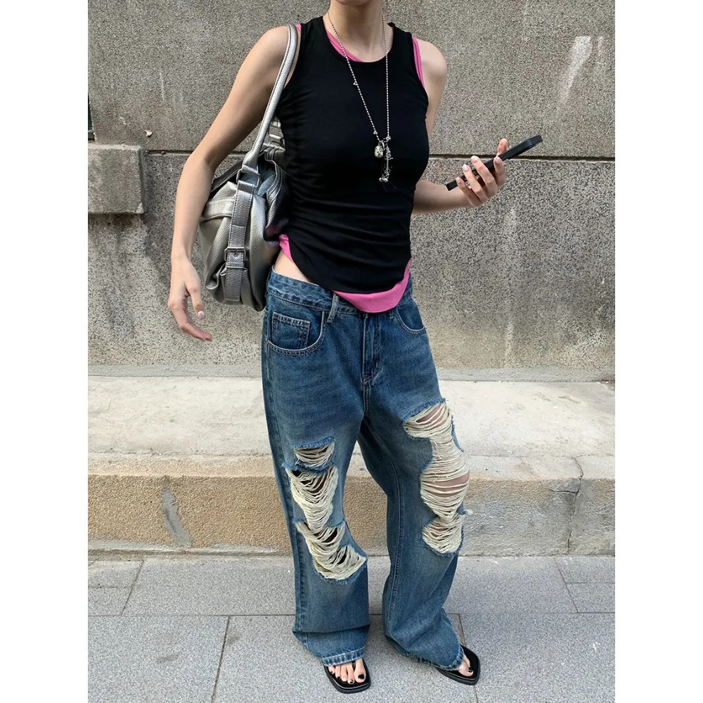 Wide Leg Pants Jean Ripped Hole Trousers Summer Low Waist Washed Distressed Floor Length 2025 Streetwear Vintage Denims 260611 - view 4