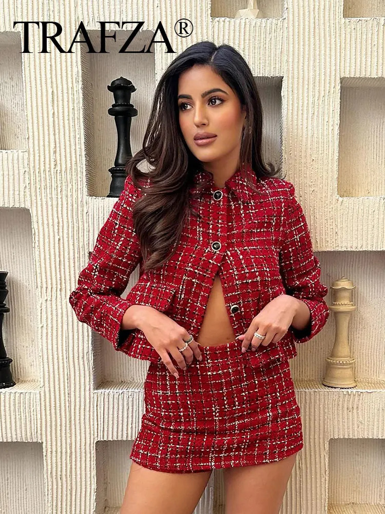 HH Women Vintage Red Plaid Tweed Coat Slim Turn Down Collar Long Sleeve Jacket Autumn Fashion Lady High Street Outwear 260618 - view 7