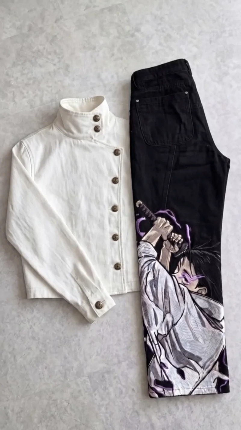 Men Y2K Anime Character Embroidered Jeans Streetwear Cargo Denim Pants Straight Leg High Waist Loose Rock Punk Unisex Jeans 260615 - view 3
