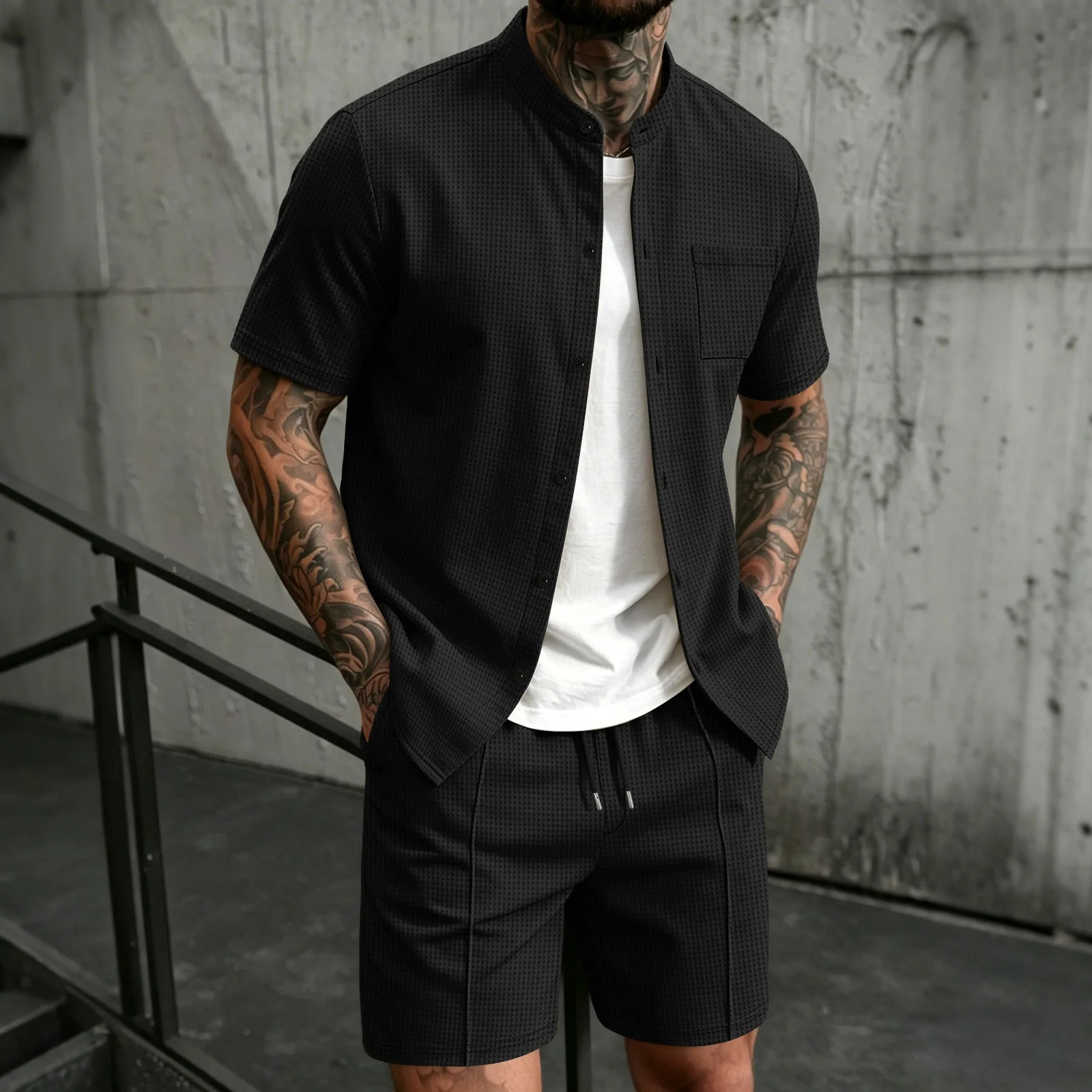 2026 Mens Waffle Fabric Two-Piece Set Mandarin Collar Button Shirt Drawstring Shorts Outfit 260618 - view 4