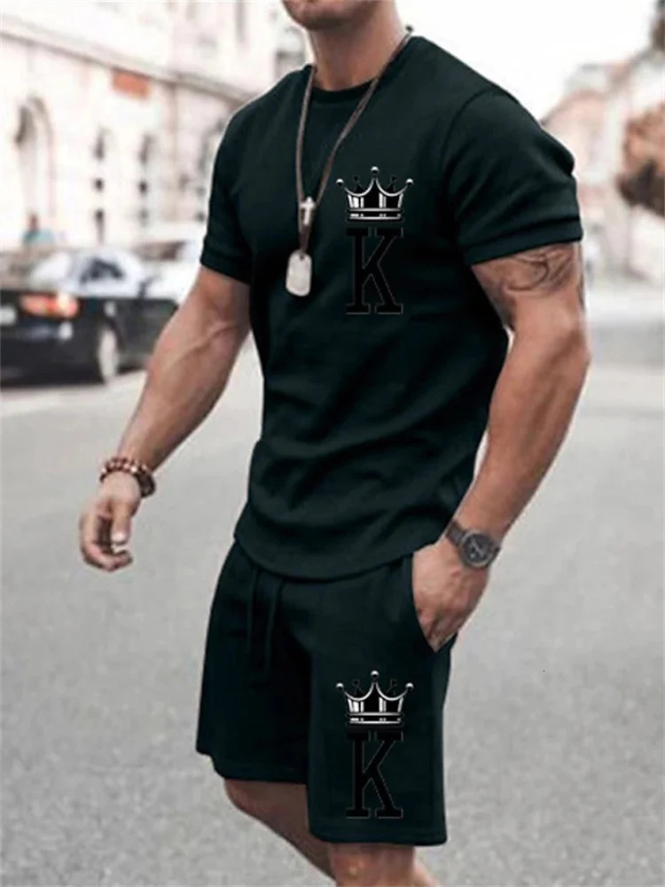 Summer Mens Casual Suit Oversized Two-Piece Simple Casual Streetwear King Print Beach Suit Mens T-Shirt Shorts Sportswear 260618 - view 4
