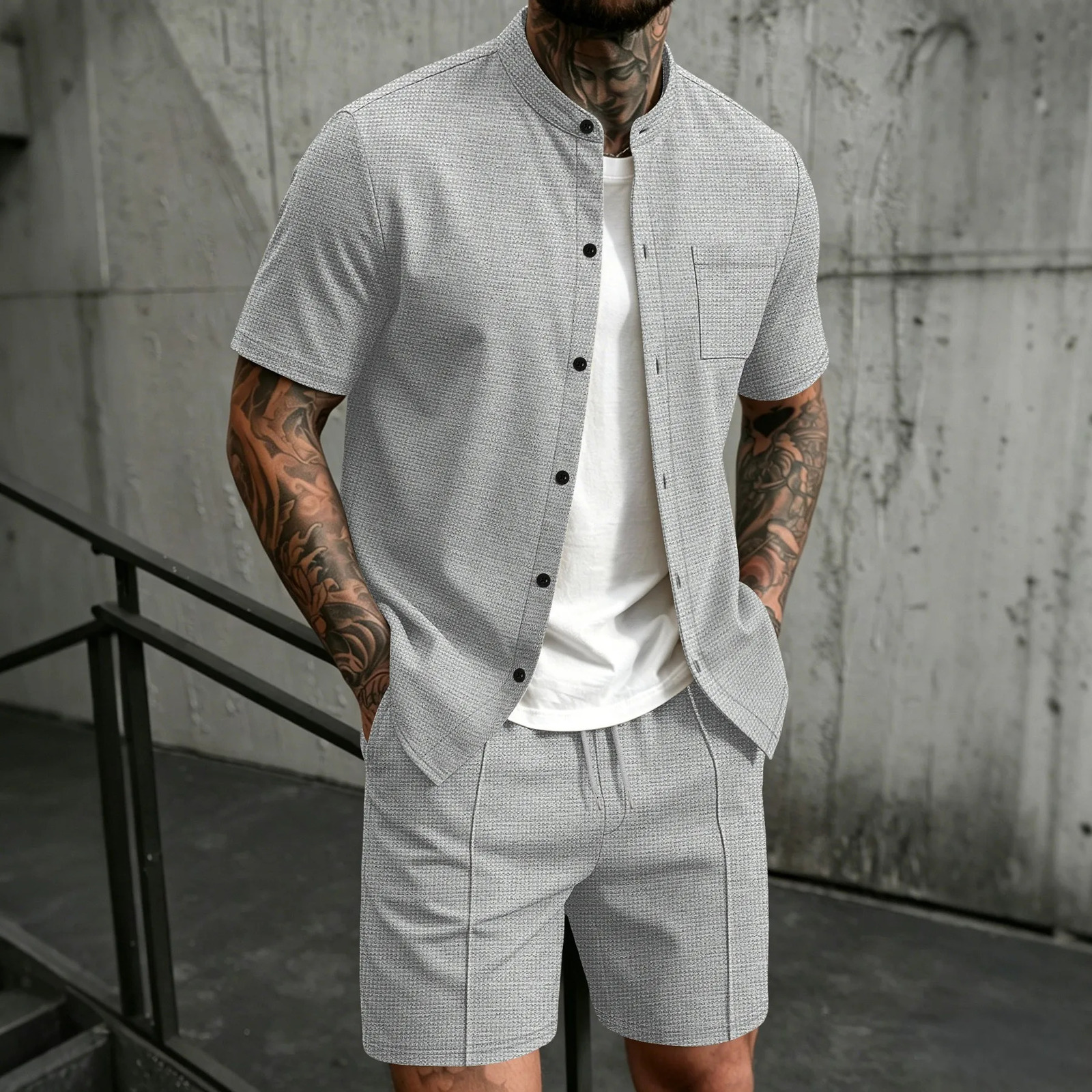 2026 Mens Waffle Fabric Two-Piece Set Mandarin Collar Button Shirt Drawstring Shorts Outfit 260618