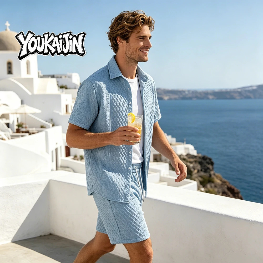 Summer Mens Casual White Sportswear Shirt with A Lapel Mens Short-sleeved Button Shirt and Shorts Jacquard Texture Suit 260618 - view 4