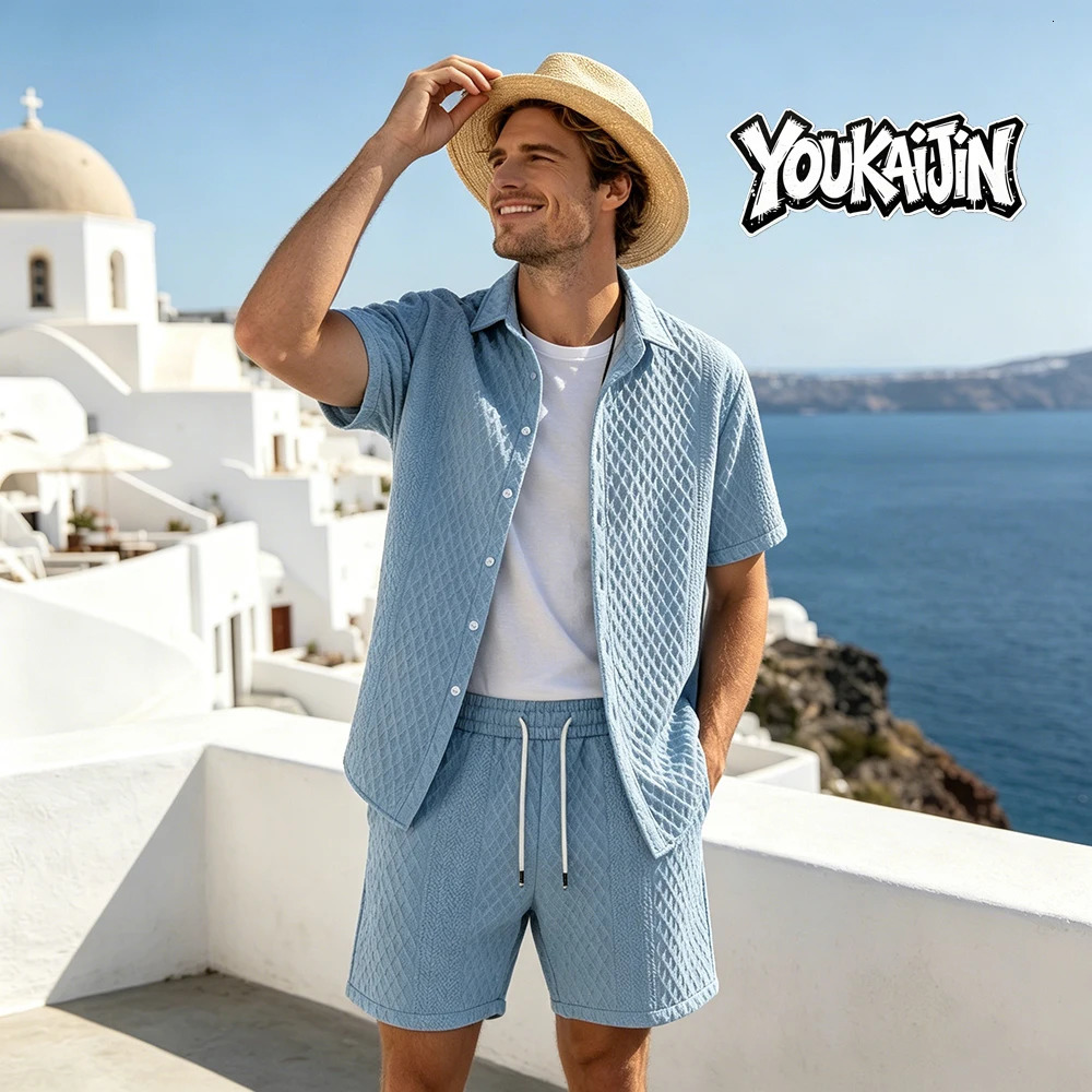 Summer Mens Casual White Sportswear Shirt with A Lapel Mens Short-sleeved Button Shirt and Shorts Jacquard Texture Suit 260618 - view 6