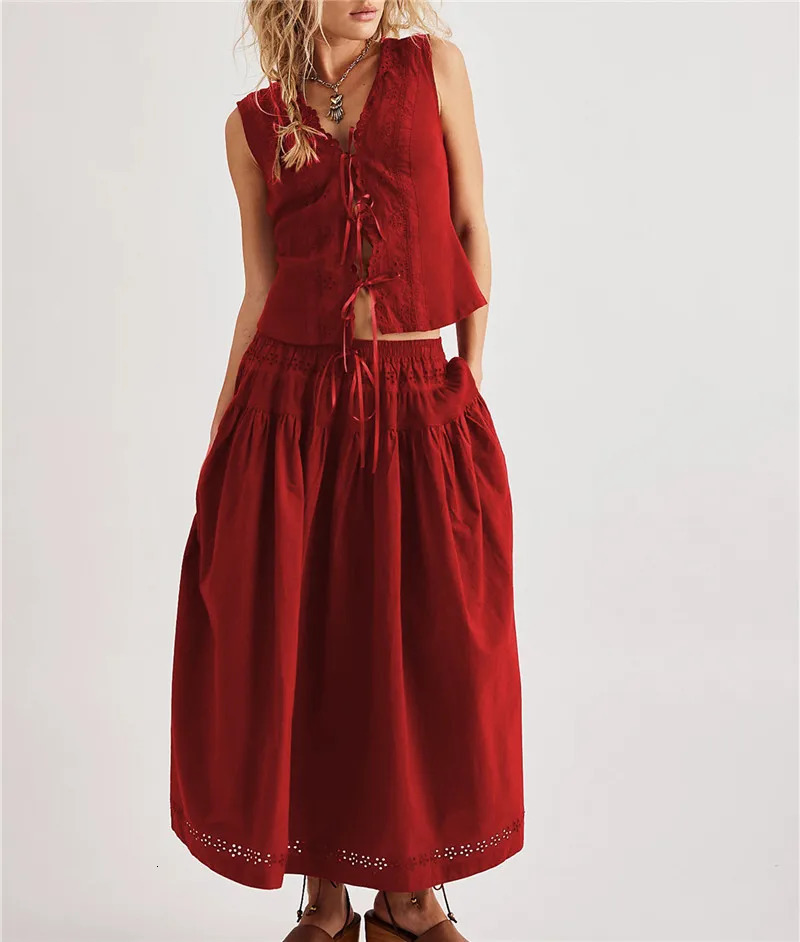 Womens Boho 2 Piece Long Skirt Set Y2K Tie Front Hollow Out Eyelet Lace Tank Top Skirts Vintage Solid Color Outfits 260618 - view 7