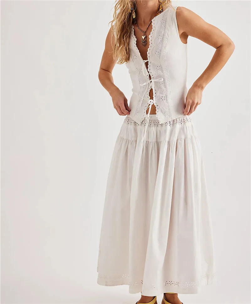 Womens Boho 2 Piece Long Skirt Set Y2K Tie Front Hollow Out Eyelet Lace Tank Top Skirts Vintage Solid Color Outfits 260618 - view 5