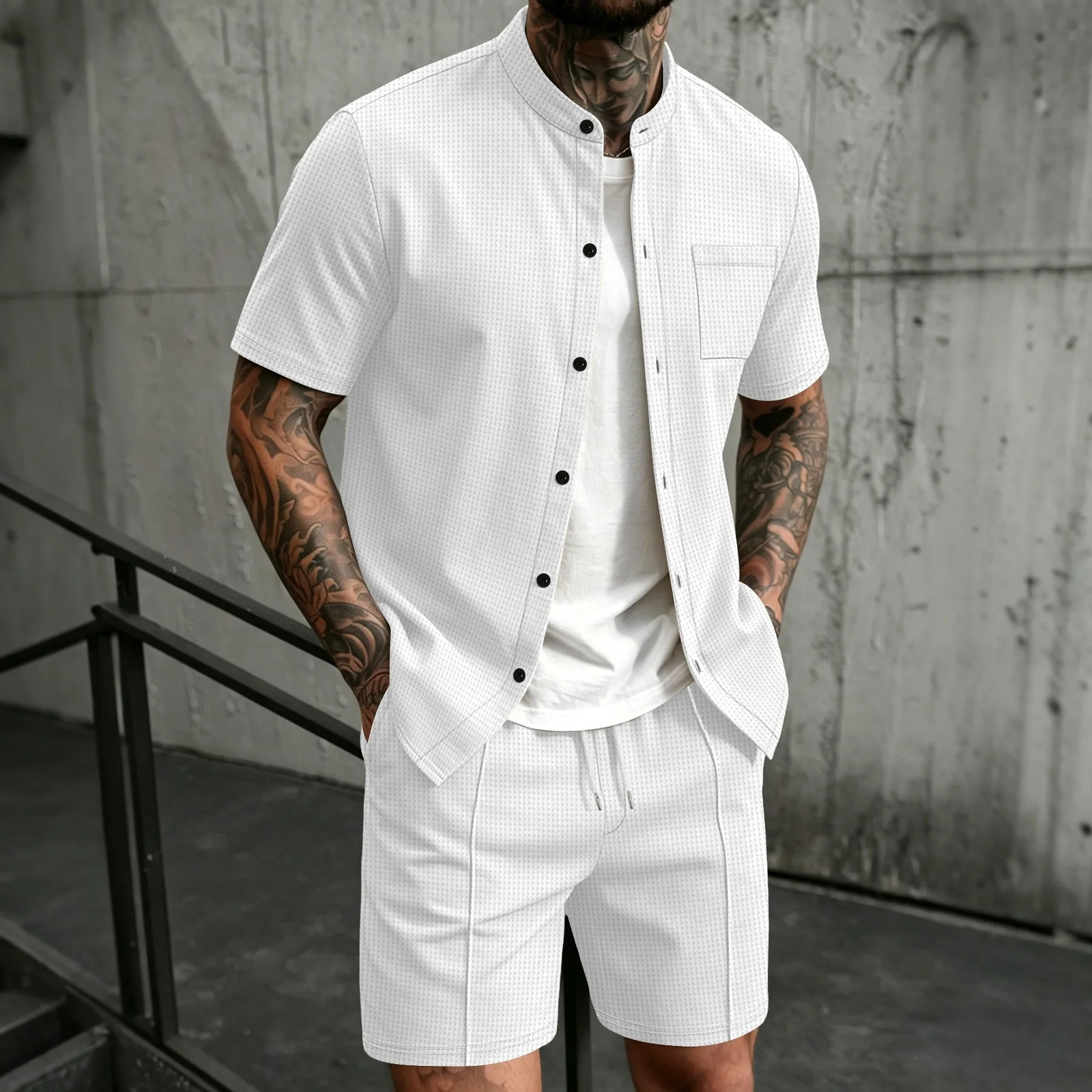 2026 Mens Waffle Fabric Two-Piece Set Mandarin Collar Button Shirt Drawstring Shorts Outfit 260618 - view 7