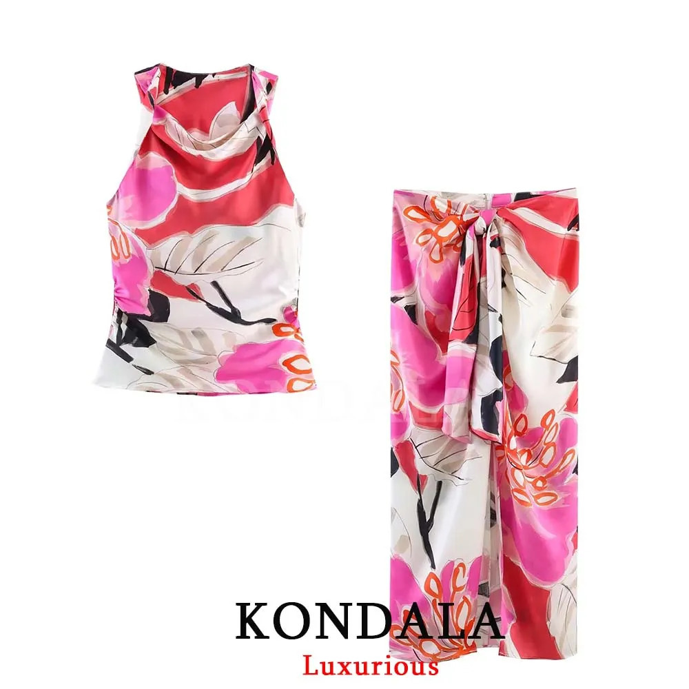 KONDALA Vintage Boho Chic Women Suit Print Sleeveless Straight Vest Knot Front Slit Zipper Long Skirt Fashion 2026 Summer Sets 260618