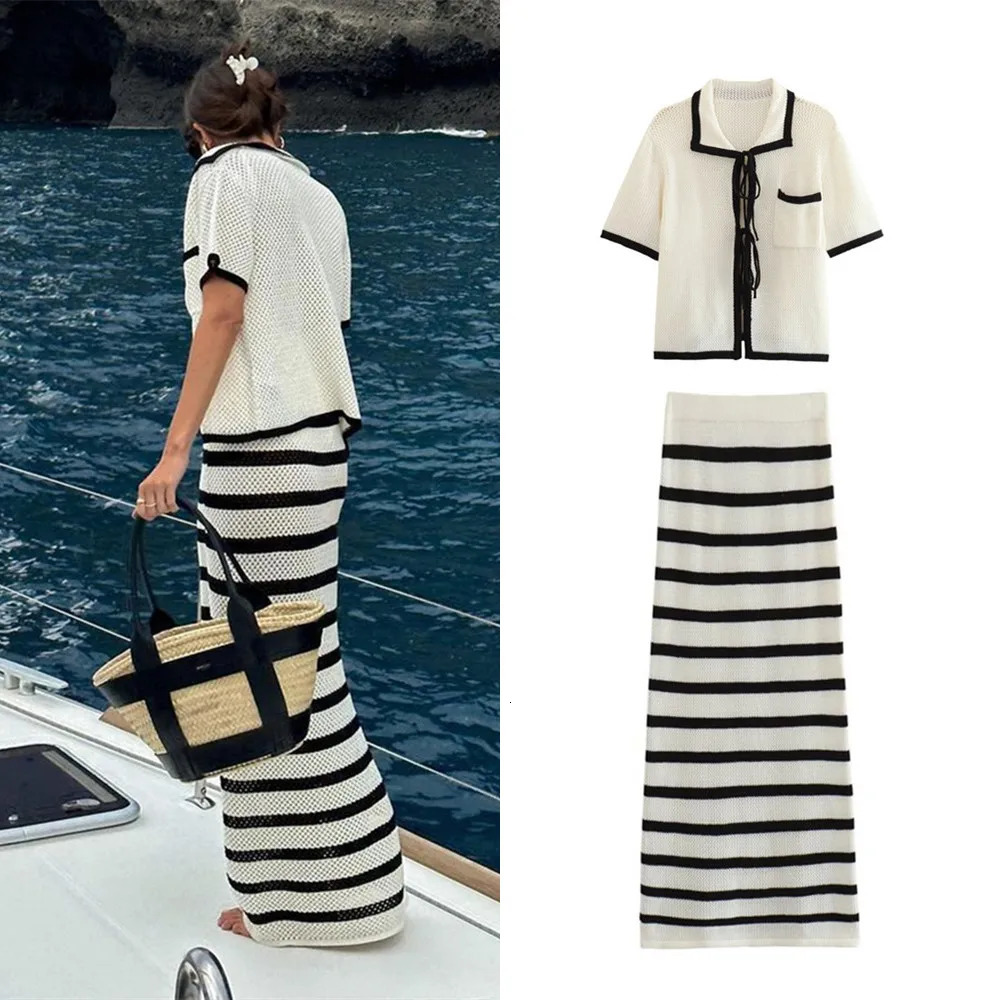 Ladies Summer Striped Knitted Beach Long Skirt Suits Women Sets Slim Bohemian Outfits Holiday Two Piece Set Beachwear Female 260618