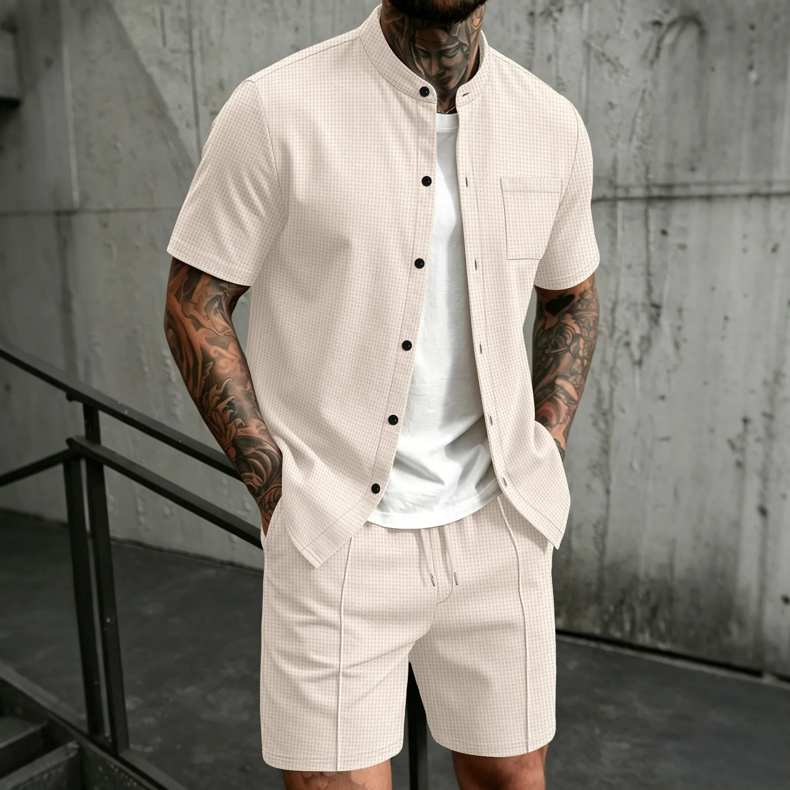 2026 Mens Waffle Fabric Two-Piece Set Mandarin Collar Button Shirt Drawstring Shorts Outfit 260618 - view 5