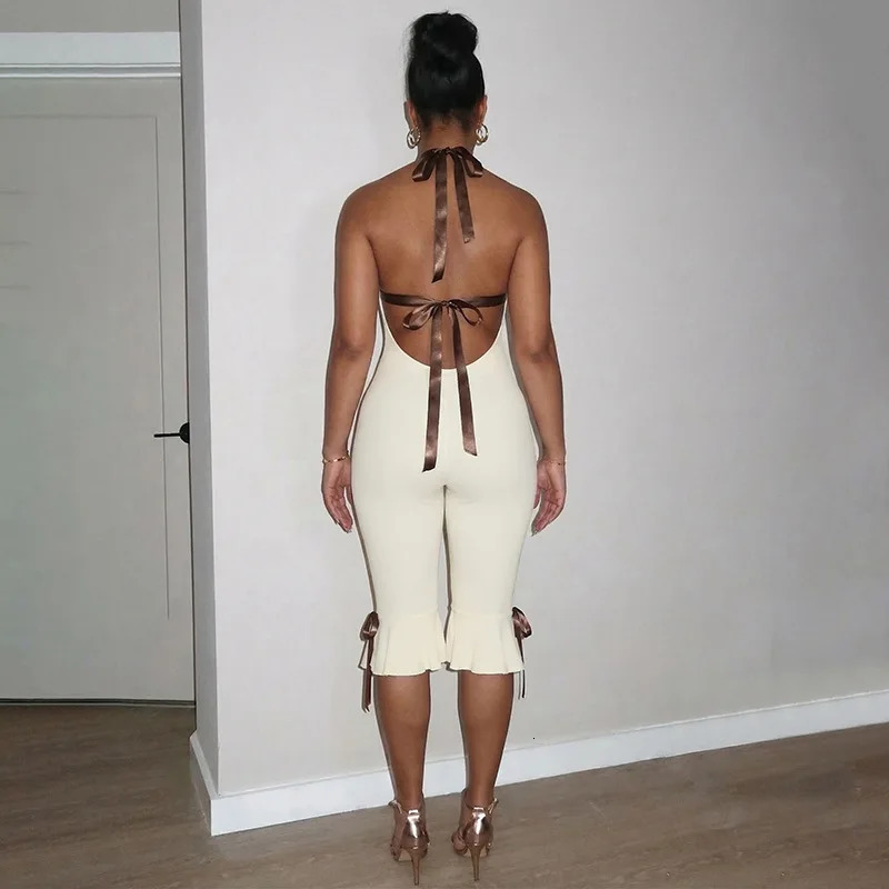 Summer Lace Up Halter Bow Y2K Jumpsuit Women Sexy V Neck Backless Bandage Skinny Party Club Rompers Beach Holiday Overall Outfit 260625 - view 4