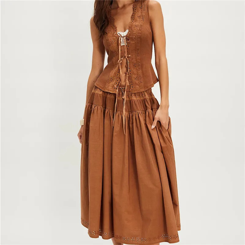 Womens Boho 2 Piece Long Skirt Set Y2K Tie Front Hollow Out Eyelet Lace Tank Top Skirts Vintage Solid Color Outfits 260618 - view 3