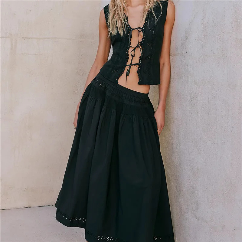 Womens Boho 2 Piece Long Skirt Set Y2K Tie Front Hollow Out Eyelet Lace Tank Top Skirts Vintage Solid Color Outfits 260618 - view 4