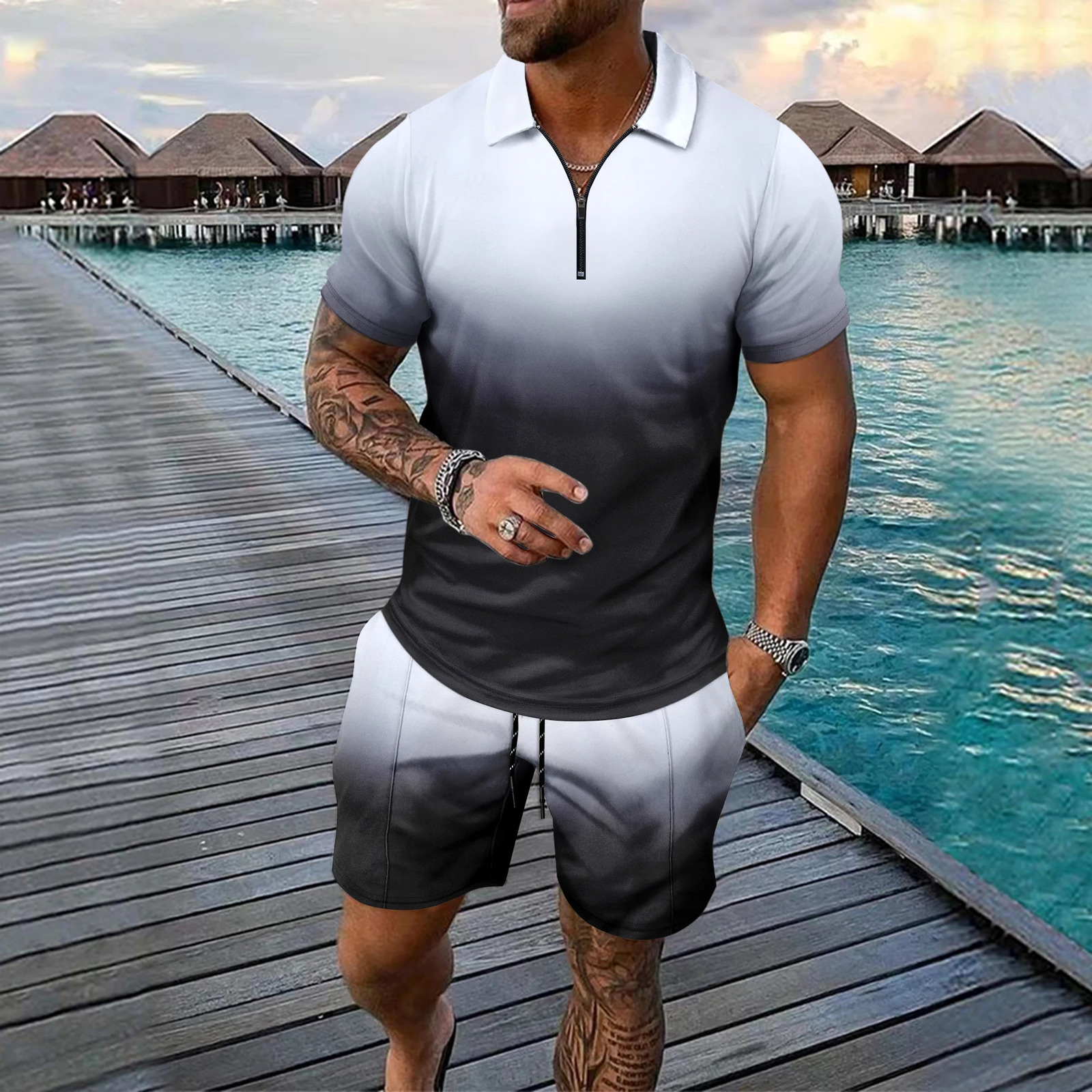 Interesting Mens Short Sleeved Set 3D Checkered Printed Fashionable Zipper Polo Shirt Suit Loose Summer T-shirt Set Ropa Hombre 260618 - view 3