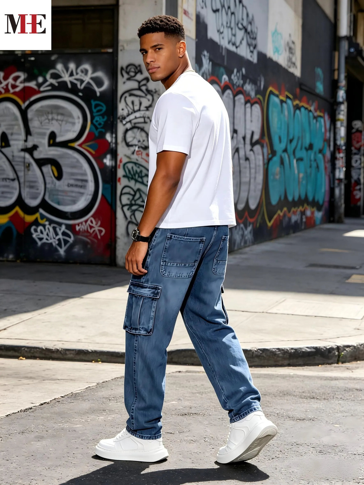 HME Mens Loose Fit Denim Pants with Cargo Pockets Casual Blue Straight Leg Jeans for Daily Wear 260615 - view 5
