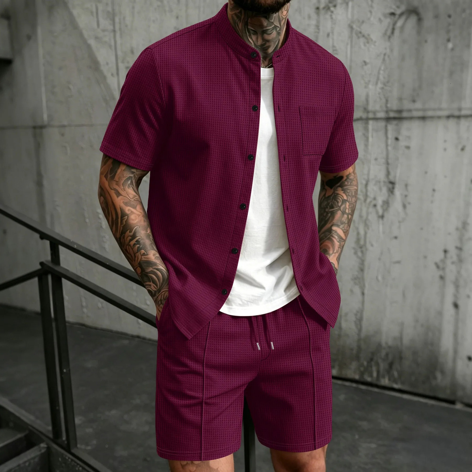 2026 Mens Waffle Fabric Two-Piece Set Mandarin Collar Button Shirt Drawstring Shorts Outfit 260618 - view 6
