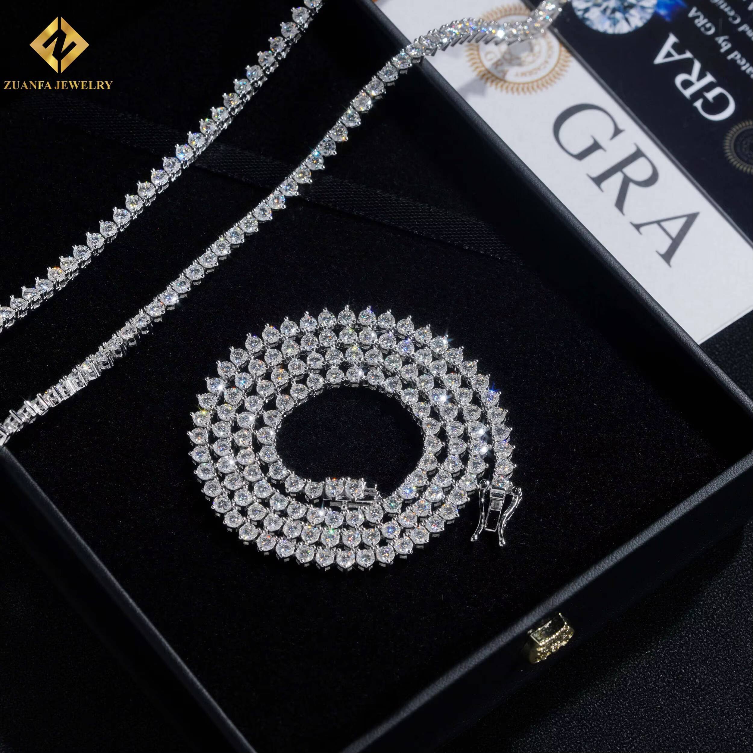 925 Silver Rhodium Plated Statement Necklace 3mm Moissanite Diamond 3 Prongs Unisex Hip Hop Tennis Chain - view 3