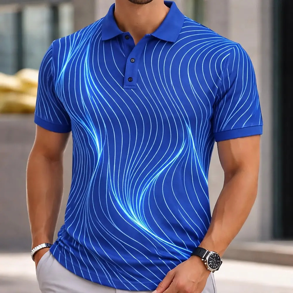 Minimalist Mens Polo Shirt 3D Wavy Line Graphic Short Sleeve Sports Tops Summer Slim Fit Casual Male Polo Clothing 2026 260615 - view 6
