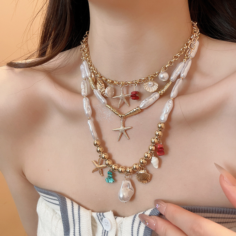 European American cross-border seaside vacation style starfish shell pendant necklace, unique exaggerated collarbone chain, fashionable and versatile - view 6