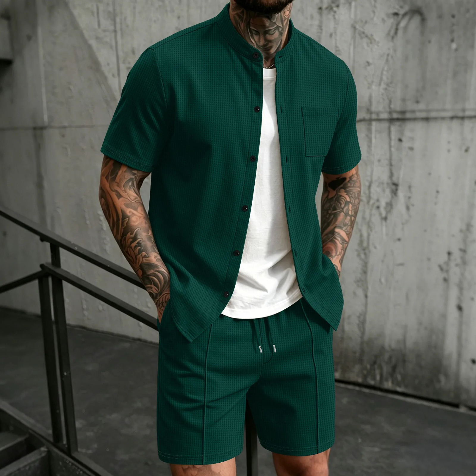 2026 Mens Waffle Fabric Two-Piece Set Mandarin Collar Button Shirt Drawstring Shorts Outfit 260618 - view 3