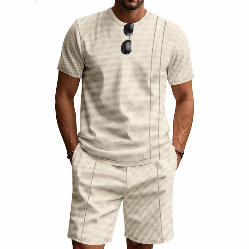 Selling American Summer Mens Waffle Knit Short Sleeved Shorts Set Casual Breathable Cotton Street Wear 260618