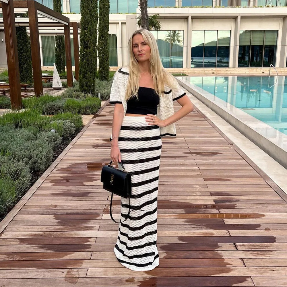 Ladies Summer Striped Knitted Beach Long Skirt Suits Women Sets Slim Bohemian Outfits Holiday Two Piece Set Beachwear Female 260618 - view 3