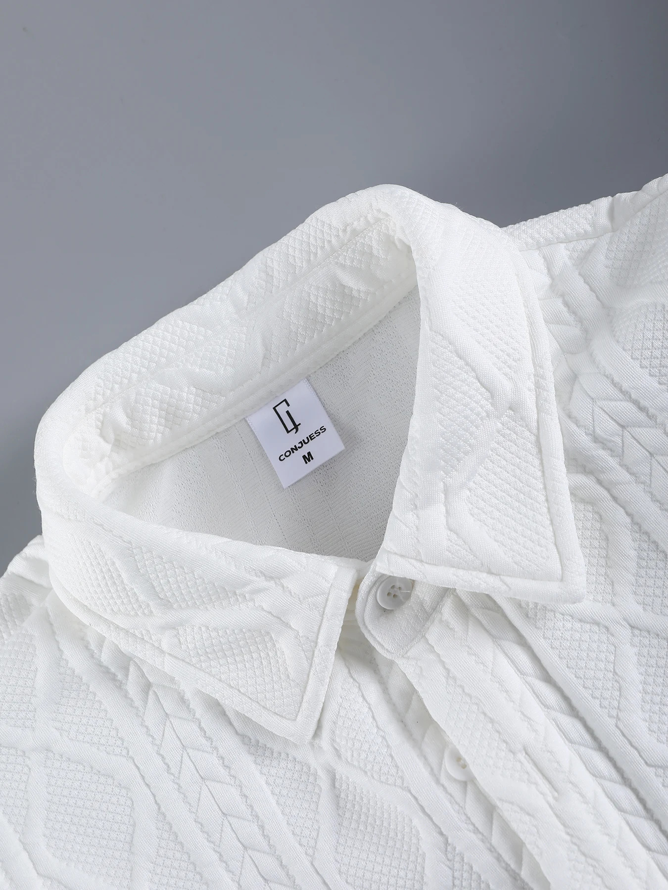 Mens White Cable Knit Textured Casual Set 2 Piece Lapel Collar Short Sleeve Shirt Drawstring Shorts Outfit 260618 - view 5