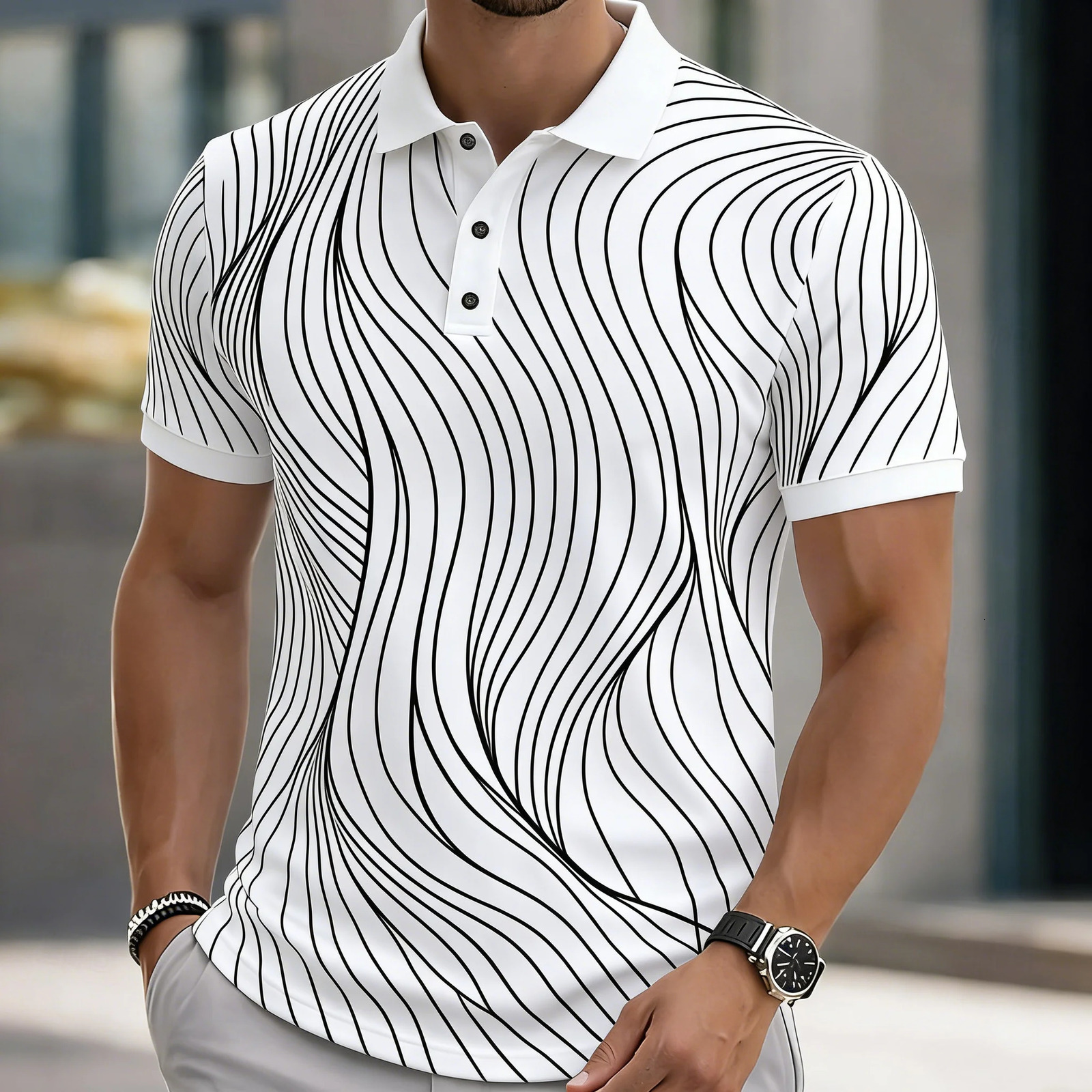 Minimalist Mens Polo Shirt 3D Wavy Line Graphic Short Sleeve Sports Tops Summer Slim Fit Casual Male Polo Clothing 2026 260615 - view 3
