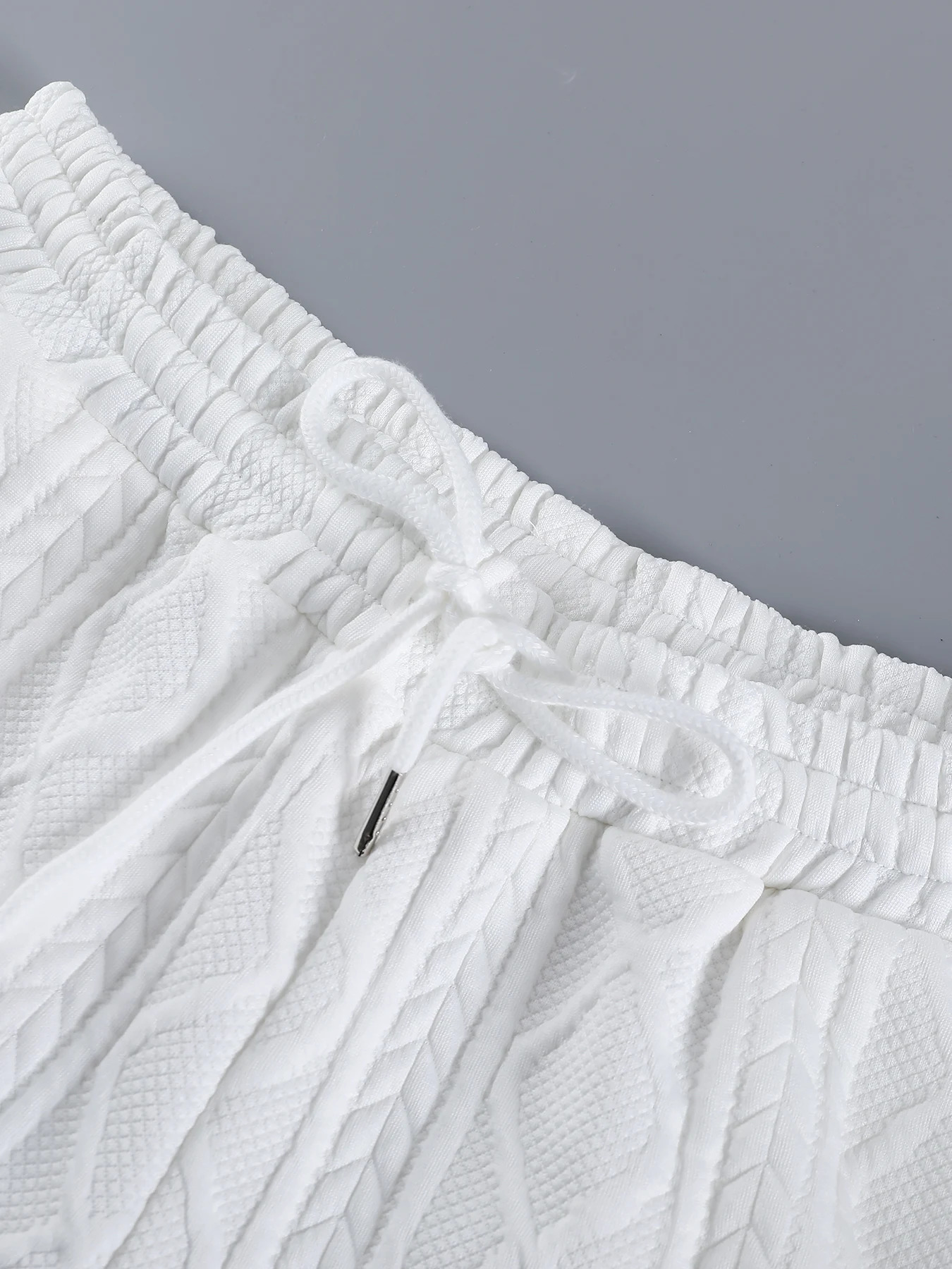 Mens White Cable Knit Textured Casual Set 2 Piece Lapel Collar Short Sleeve Shirt Drawstring Shorts Outfit 260618 - view 6