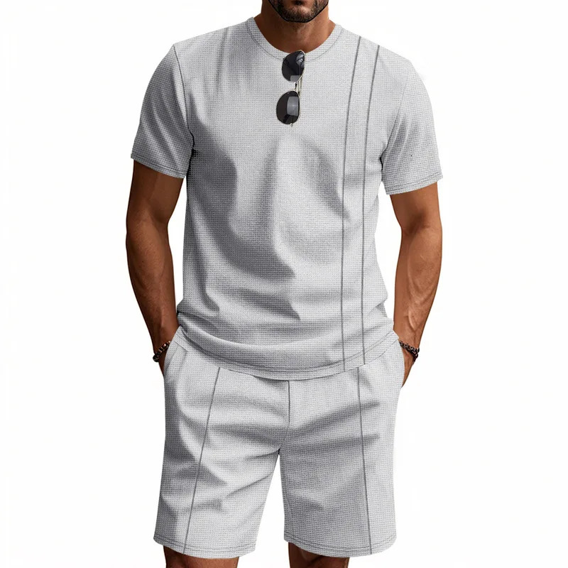 Selling American Summer Mens Waffle Knit Short Sleeved Shorts Set Casual Breathable Cotton Street Wear 260618 - view 3