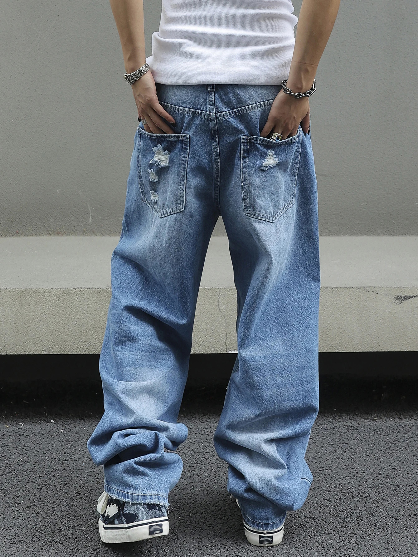 Mens Ripped Baggy Jeans Loose Fit Distressed Denim Pants Light Wash Y2K Streetwear Wide Leg Style 260615 - view 3