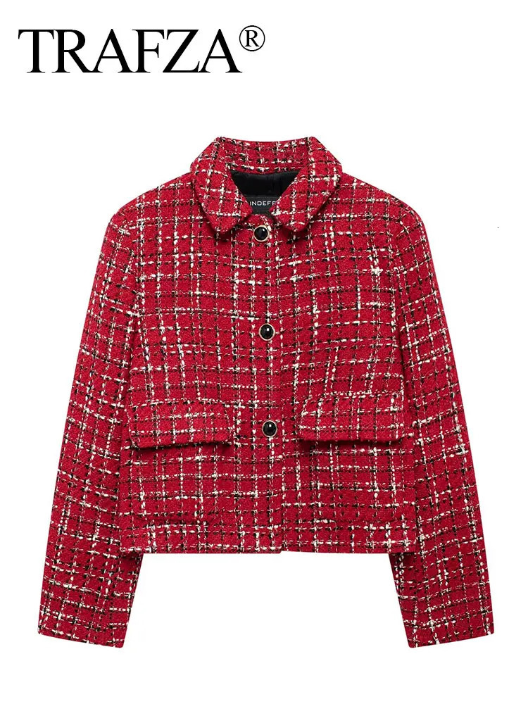 HH Women Vintage Red Plaid Tweed Coat Slim Turn Down Collar Long Sleeve Jacket Autumn Fashion Lady High Street Outwear 260618 - view 4