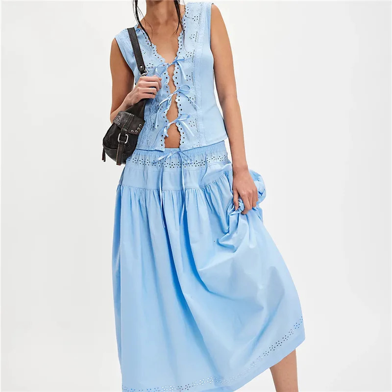 Womens Boho 2 Piece Long Skirt Set Y2K Tie Front Hollow Out Eyelet Lace Tank Top Skirts Vintage Solid Color Outfits 260618