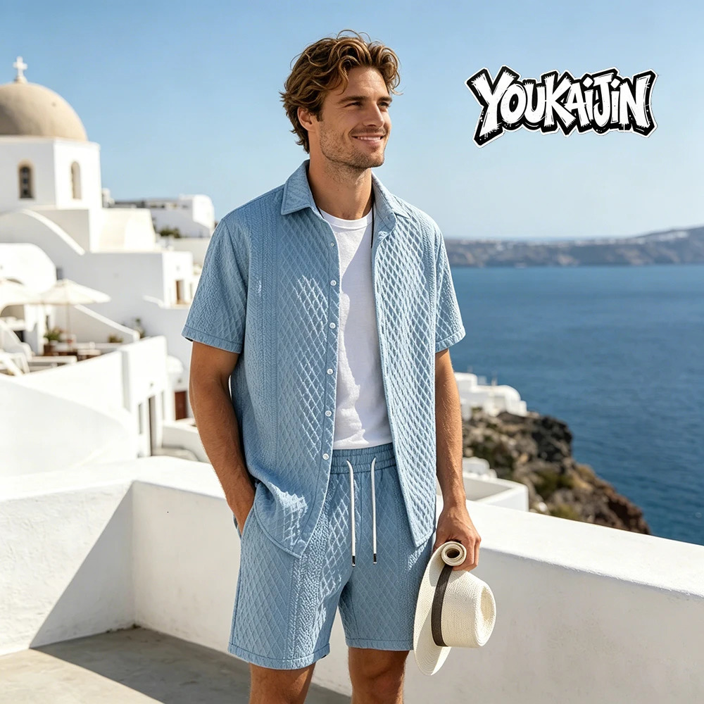 Summer Mens Casual White Sportswear Shirt with A Lapel Mens Short-sleeved Button Shirt and Shorts Jacquard Texture Suit 260618 - view 3