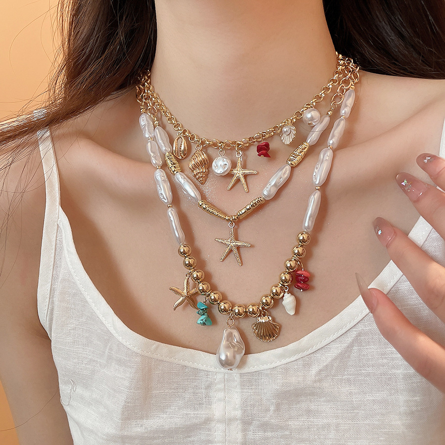 European American cross-border seaside vacation style starfish shell pendant necklace, unique exaggerated collarbone chain, fashionable and versatile - view 3