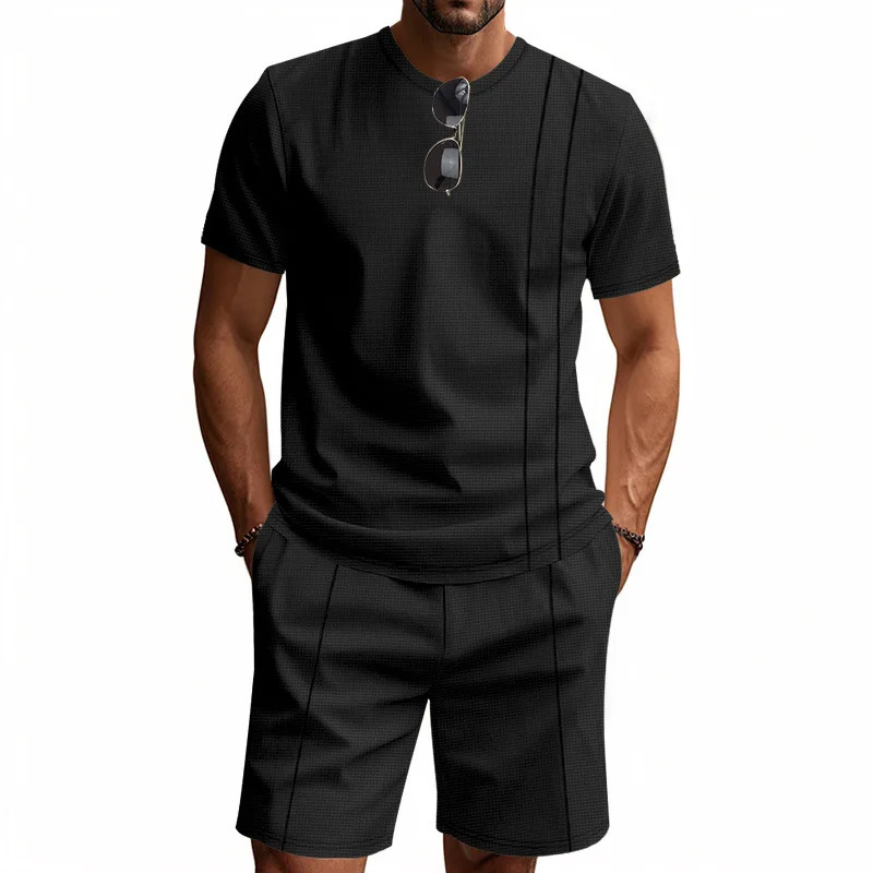 Selling American Summer Mens Waffle Knit Short Sleeved Shorts Set Casual Breathable Cotton Street Wear 260618 - view 4