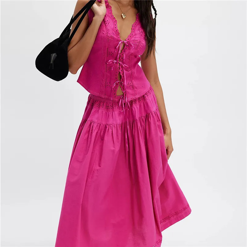 Womens Boho 2 Piece Long Skirt Set Y2K Tie Front Hollow Out Eyelet Lace Tank Top Skirts Vintage Solid Color Outfits 260618 - view 6