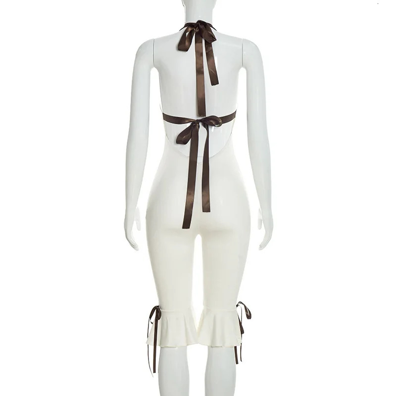 Summer Lace Up Halter Bow Y2K Jumpsuit Women Sexy V Neck Backless Bandage Skinny Party Club Rompers Beach Holiday Overall Outfit 260625 - view 7