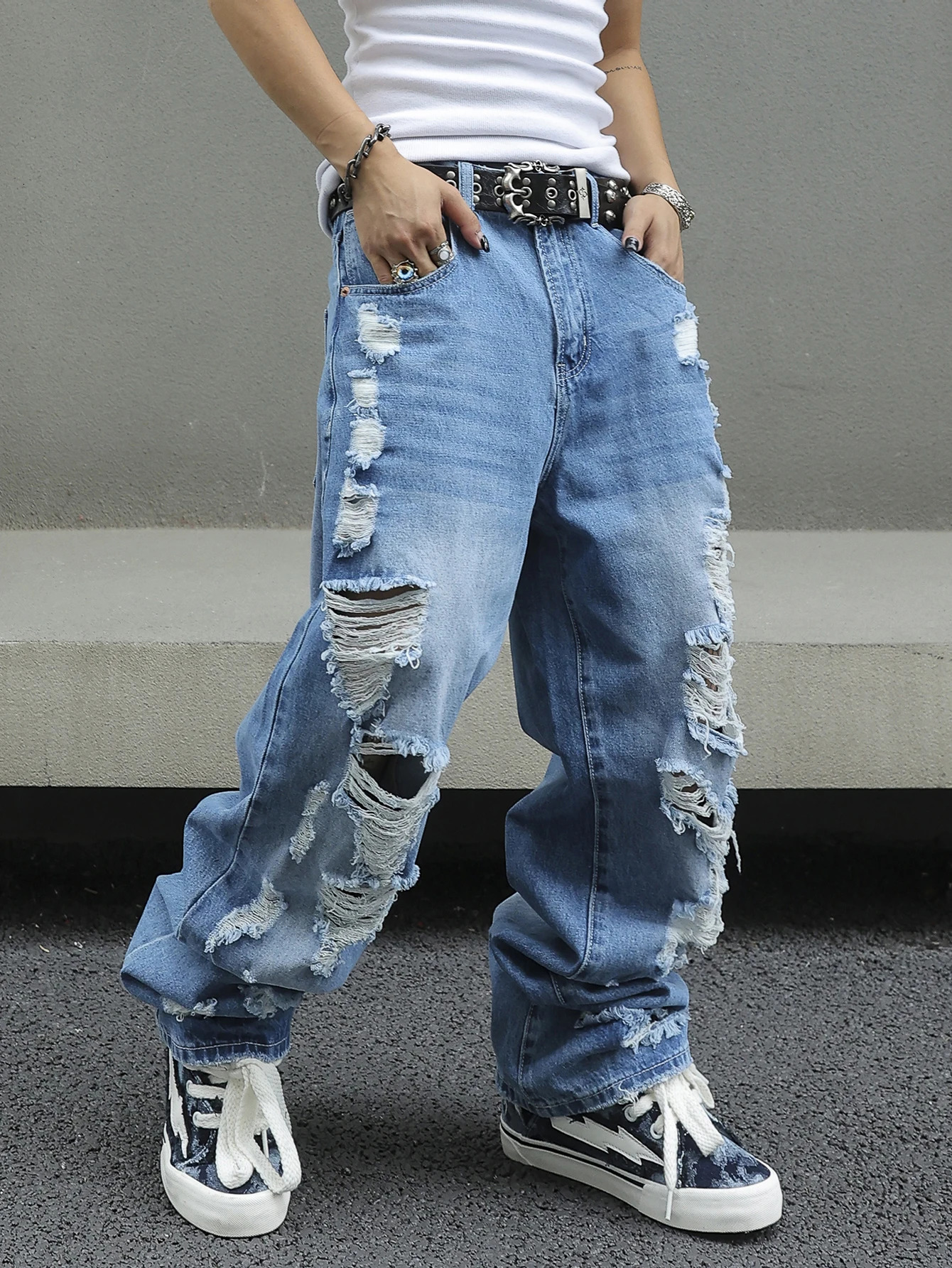 Mens Ripped Baggy Jeans Loose Fit Distressed Denim Pants Light Wash Y2K Streetwear Wide Leg Style 260615 - view 4