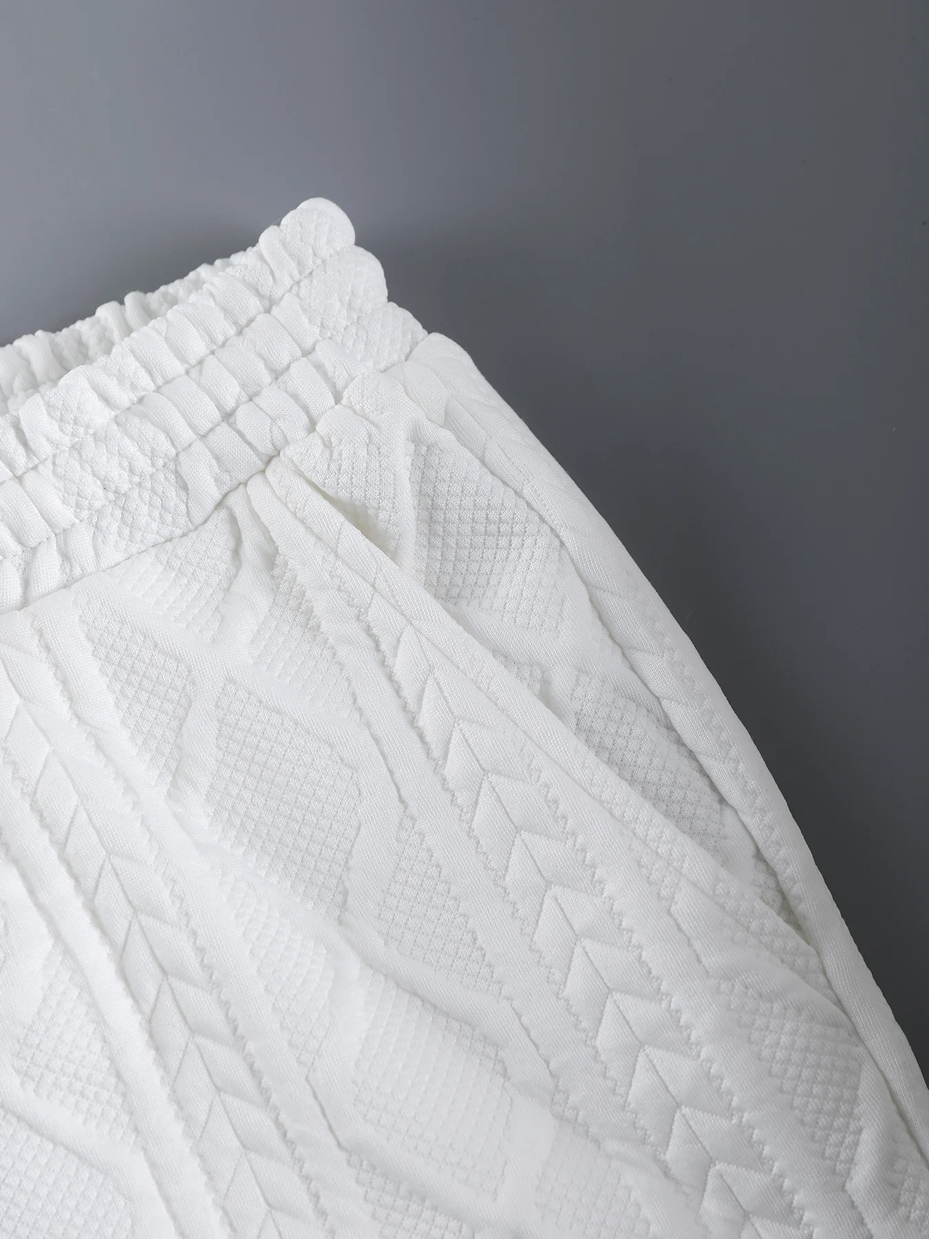 Mens White Cable Knit Textured Casual Set 2 Piece Lapel Collar Short Sleeve Shirt Drawstring Shorts Outfit 260618 - view 7