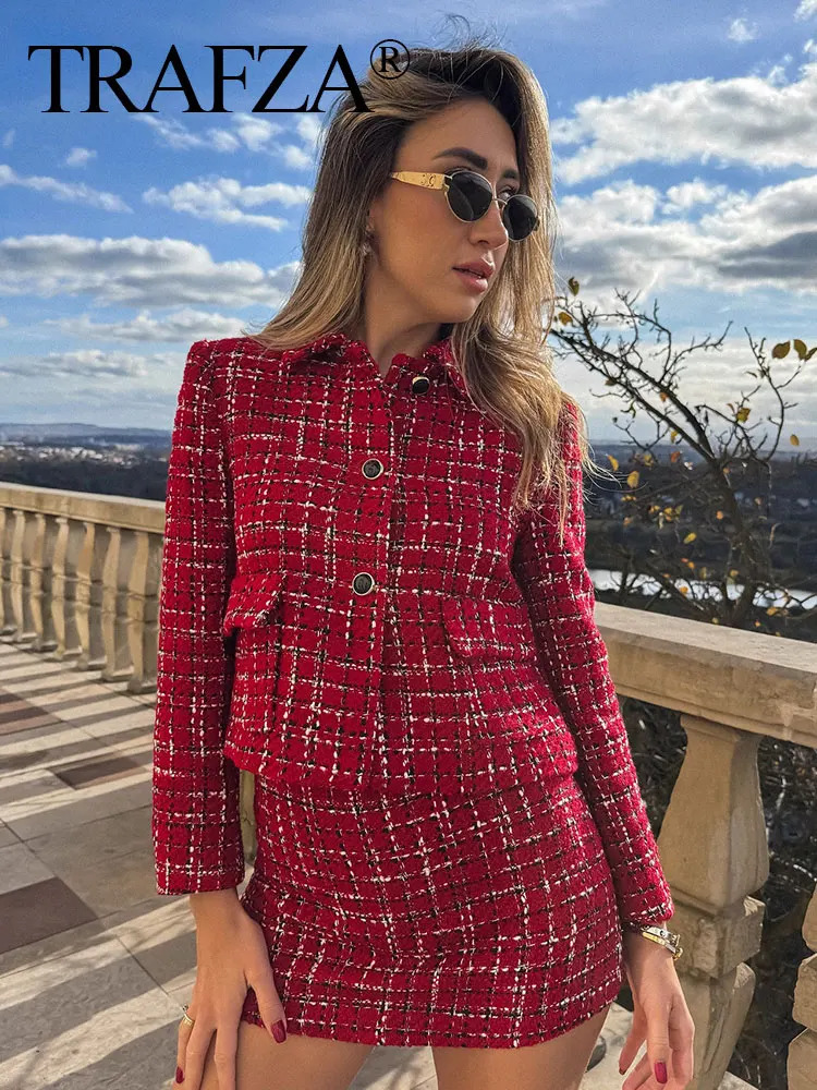 HH Women Vintage Red Plaid Tweed Coat Slim Turn Down Collar Long Sleeve Jacket Autumn Fashion Lady High Street Outwear 260618 - view 3
