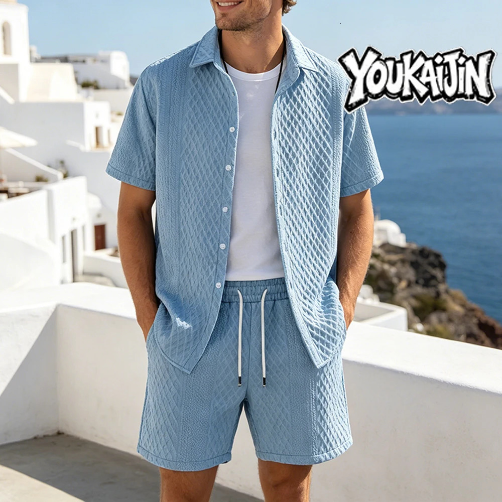 Summer Mens Casual White Sportswear Shirt with A Lapel Mens Short-sleeved Button Shirt and Shorts Jacquard Texture Suit 260618 - view 5
