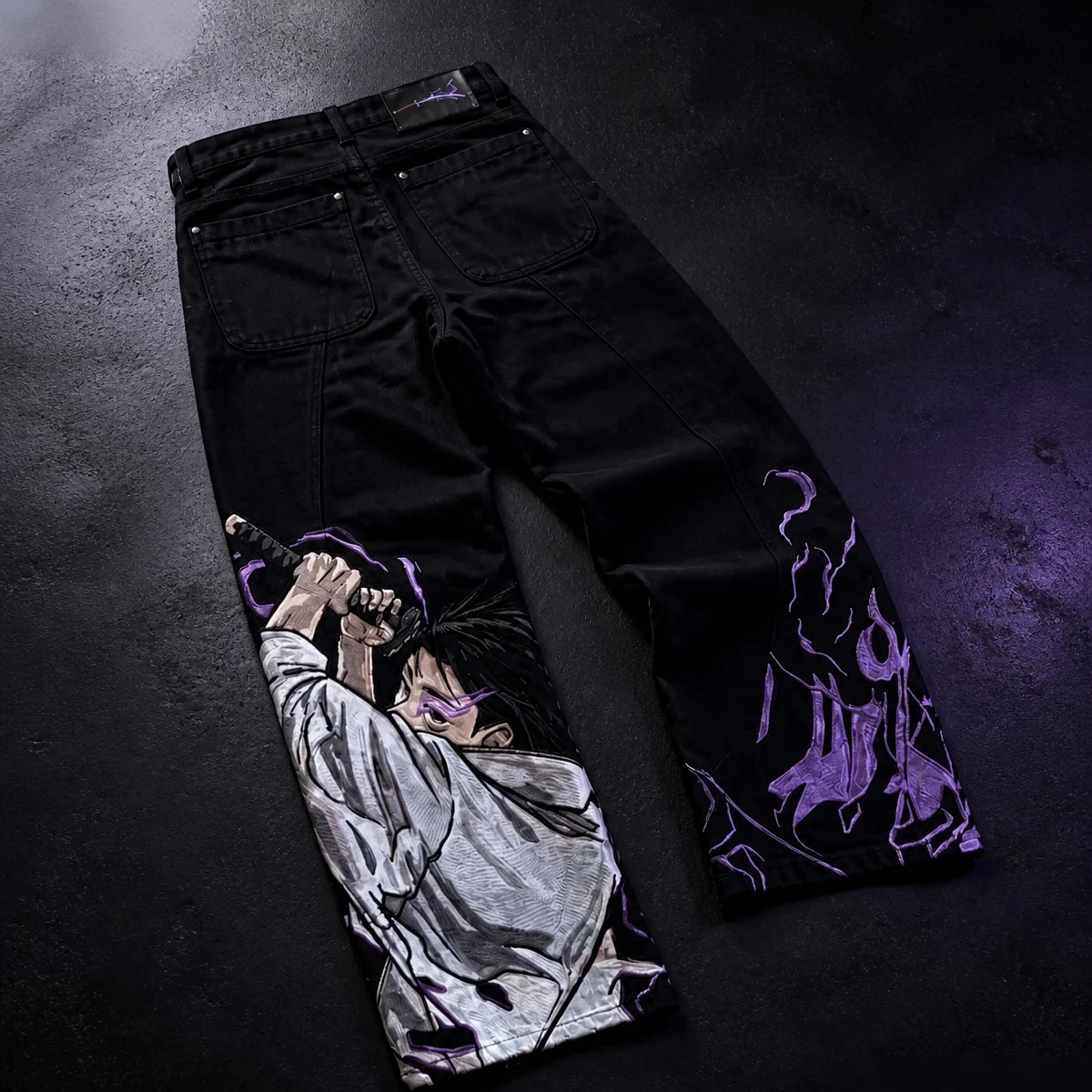 Men Y2K Anime Character Embroidered Jeans Streetwear Cargo Denim Pants Straight Leg High Waist Loose Rock Punk Unisex Jeans 260615