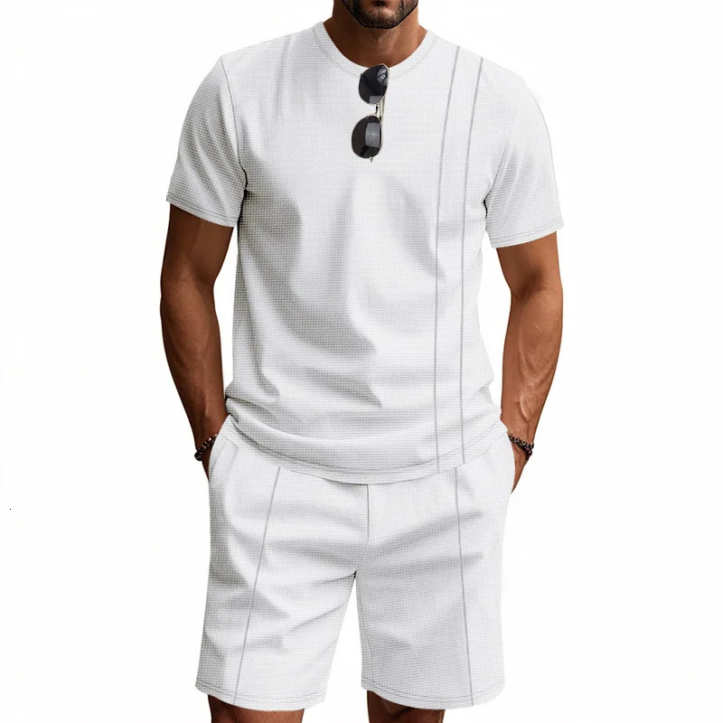 Selling American Summer Mens Waffle Knit Short Sleeved Shorts Set Casual Breathable Cotton Street Wear 260618 - view 5