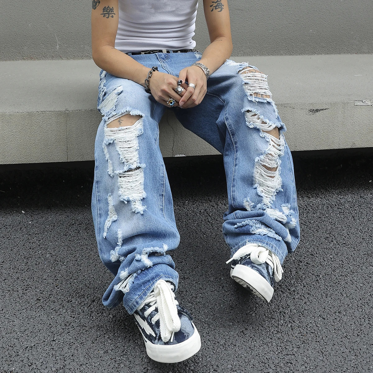 Mens Ripped Baggy Jeans Loose Fit Distressed Denim Pants Light Wash Y2K Streetwear Wide Leg Style 260615